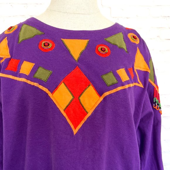 VTG - Tribal Print Long Sleeve T-shirt - Beaded Sleeves - Size Medium - Picture 2 of 11